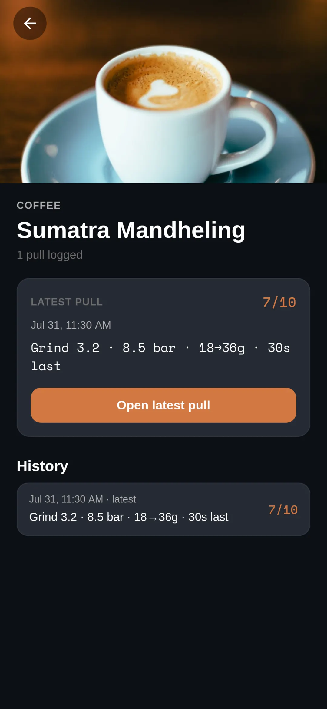 Coffee brand detail with latest pull stats and history