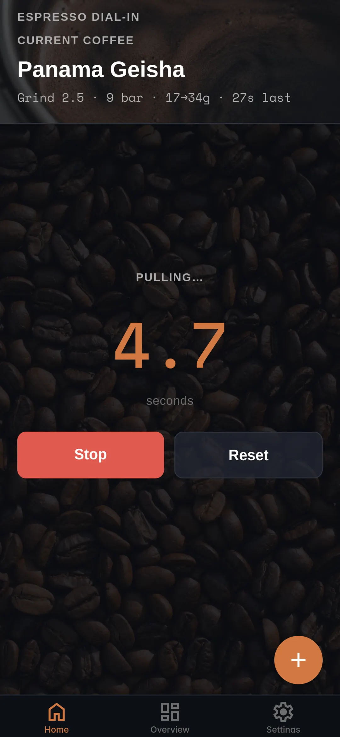 Pull timer running on Home while dialing in Panama Geisha